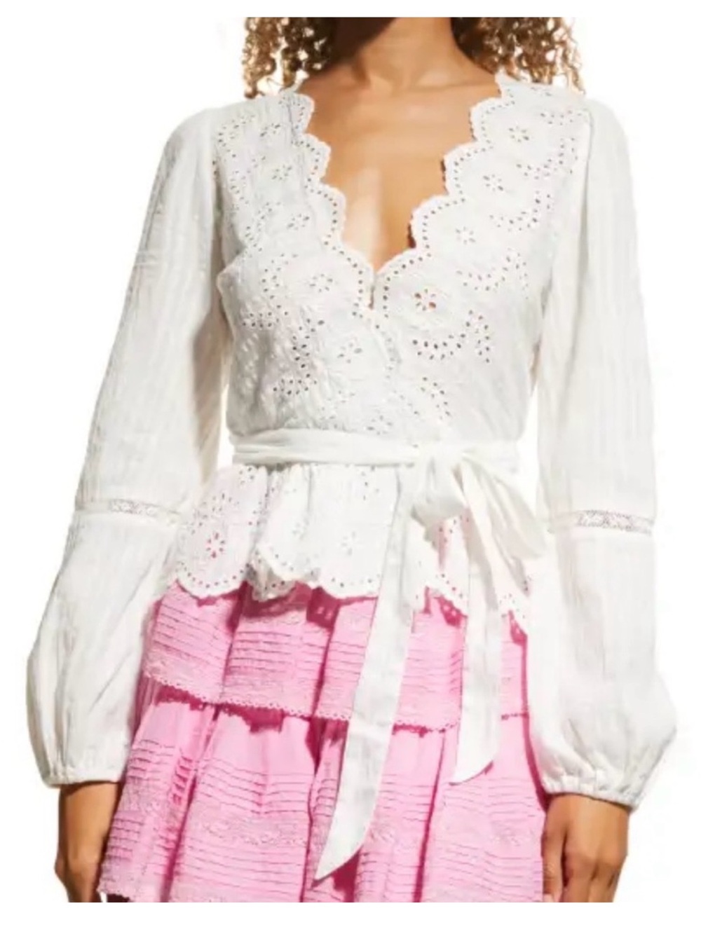 LoveShackFancy Polla Eyelet Long-Sleeve Wrap Top